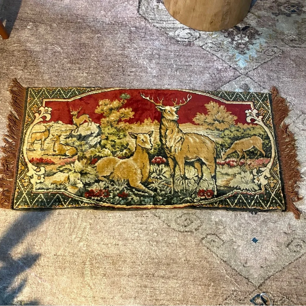 Deer and stag velvet tapestry - wall hanging - rug plush - red fringe - vintage